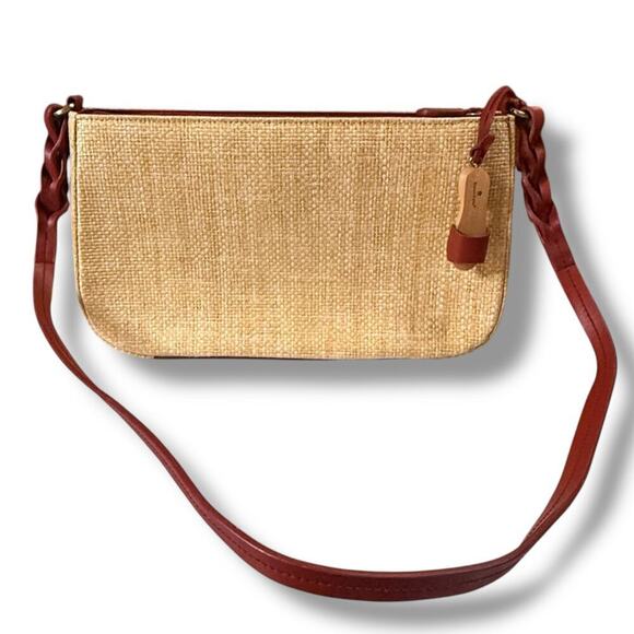 VTG Etienne Aigner Woven Straw & Cranberry Trim Shoulder Bag Wood Sandal Fob - Picture 2 of 14